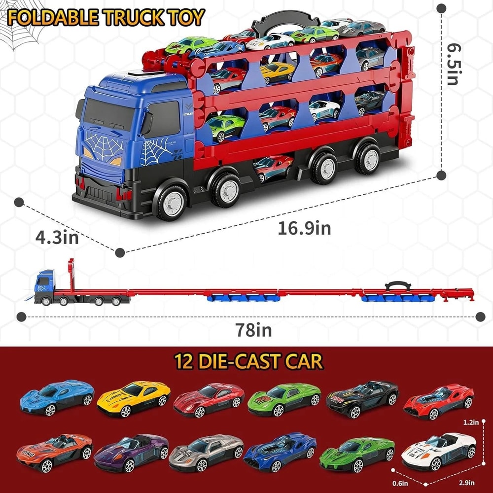 Dual Track Transport Truck With Die Cast Cars Kids Racing Toy Set 5