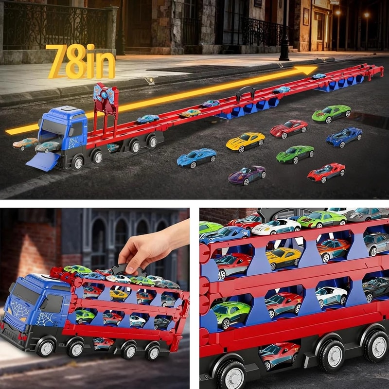 Dual Track Transport Truck With Die Cast Cars Kids Racing Toy Set 1