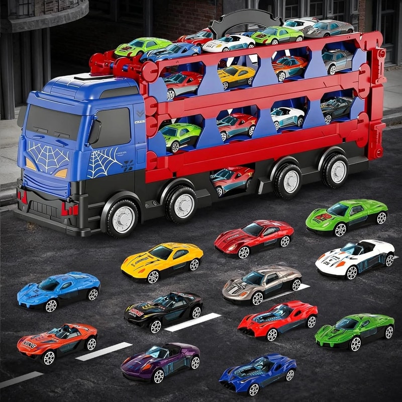 Dual Track Transport Truck With Die Cast Cars Kids Racing Toy Set 2