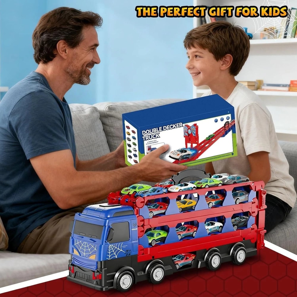 Dual Track Transport Truck With Die Cast Cars Kids Racing Toy Set 3