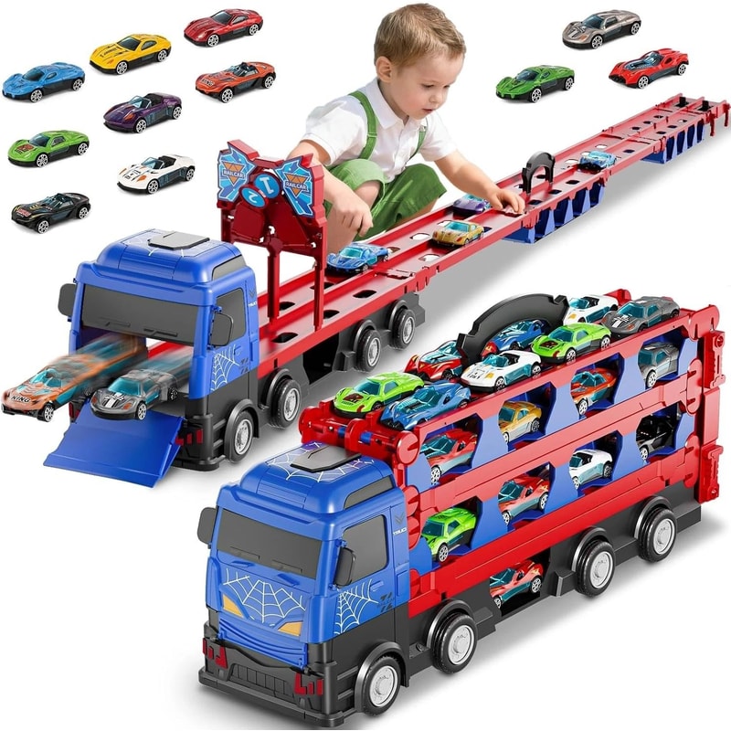 Dual Track Transport Truck With Die Cast Cars Kids Racing Toy Set 6