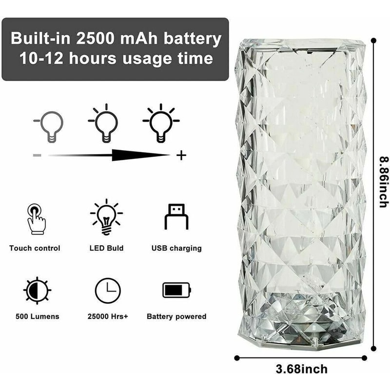 LED Crystal Rose Table Lamp Touch Activated Diamond Night Light For Bedroom Bar 1