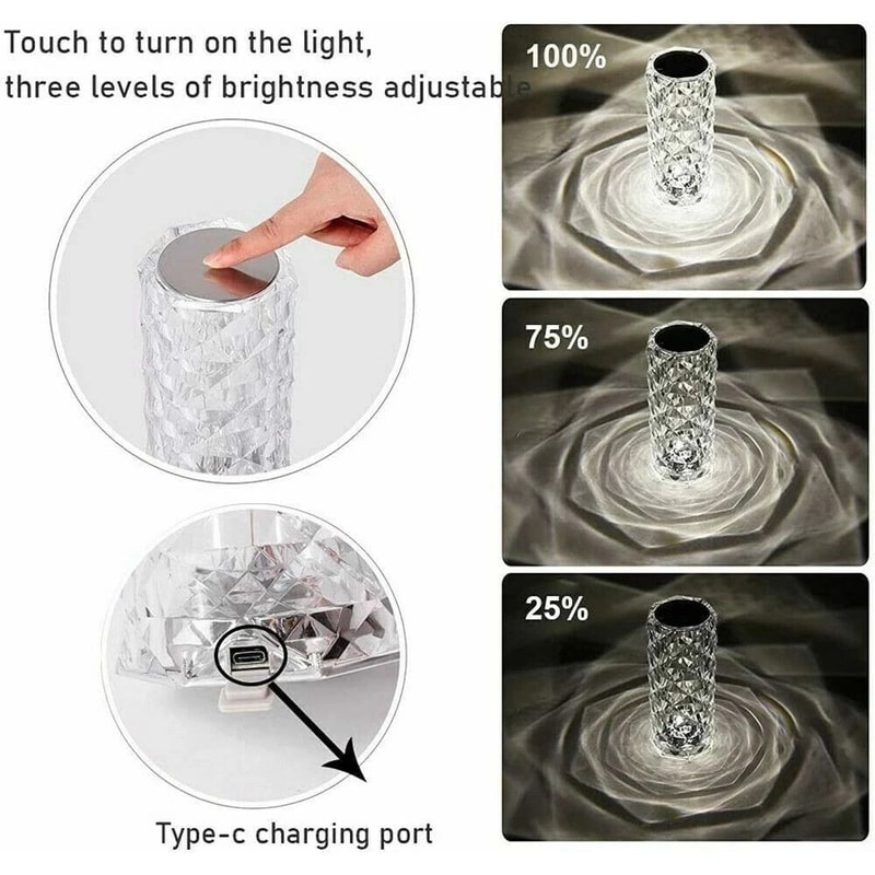 LED Crystal Rose Table Lamp Touch Activated Diamond Night Light For Bedroom Bar 2
