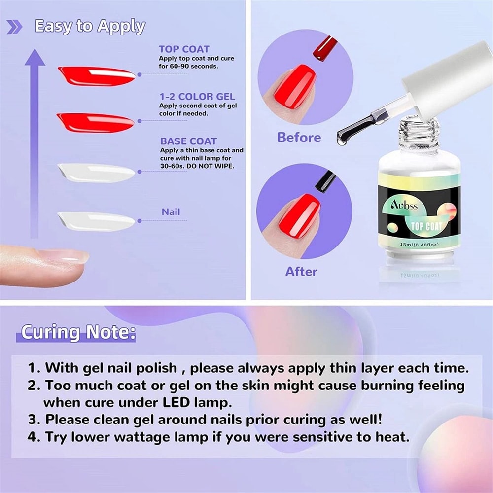No Wipe Gel Top Coat Base Coat Long Lasting LED Nail Art Kit For DIY Designs 5