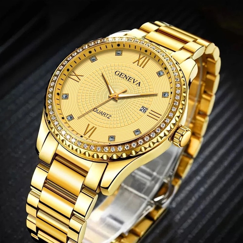 Luxury Gold Tone Stainless Steel Quartz Watch For Men Classic Business Wristwatch 1