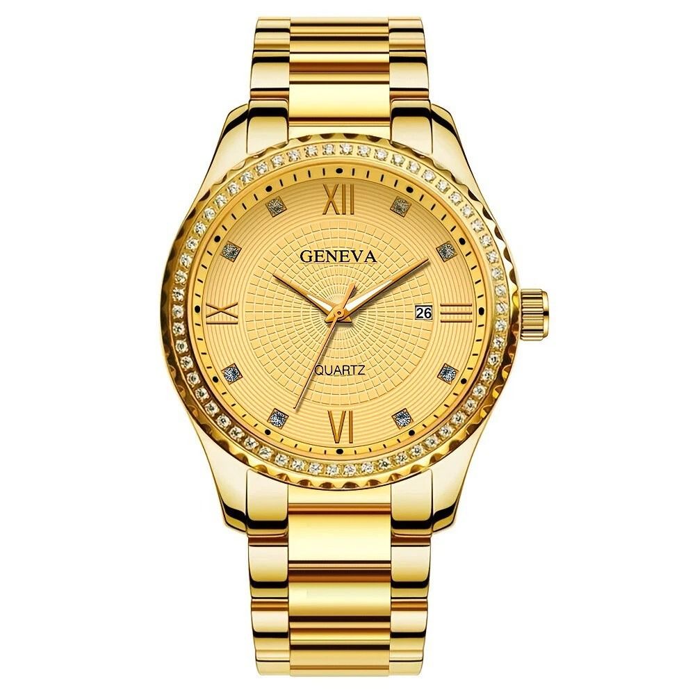 Luxury Gold Tone Stainless Steel Quartz Watch For Men Classic Business Wristwatch 5