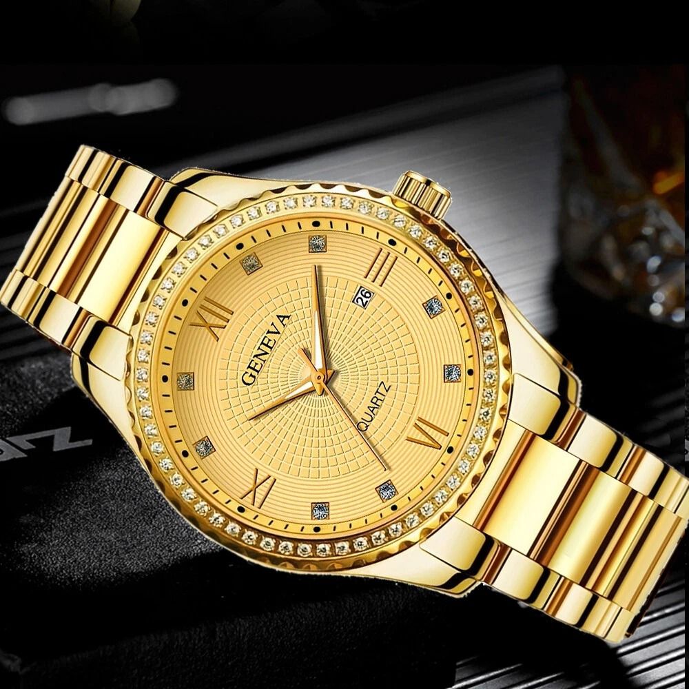 Luxury Gold Tone Stainless Steel Quartz Watch For Men Classic Business Wristwatch 6