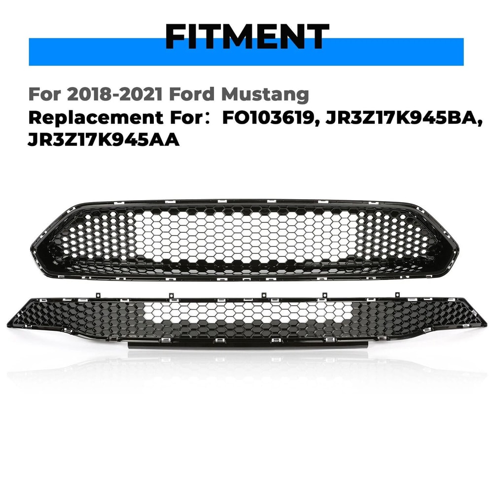 Premium Front Upper Lower Mustang Front Grille Replacement Black Honeycomb Mesh Grille 12