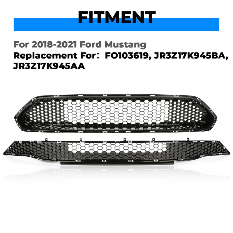 Premium Front Upper Lower Mustang Front Grille Replacement Black Honeycomb Mesh Grille 12