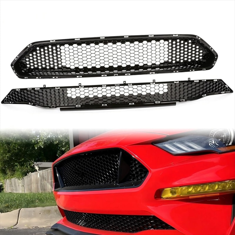 Premium Front Upper Lower Mustang Front Grille Replacement Black Honeycomb Mesh Grille 0
