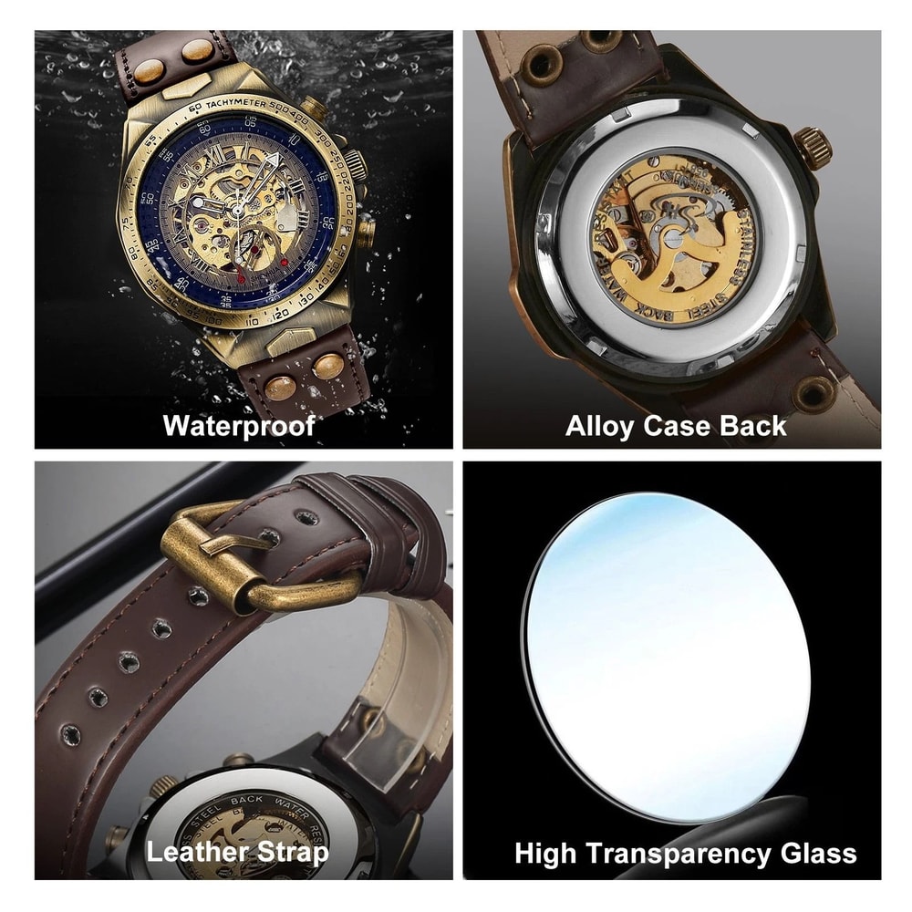 Luxury Mens Automatic Mechanical Watch With Roman Numerals Leather Strap 3