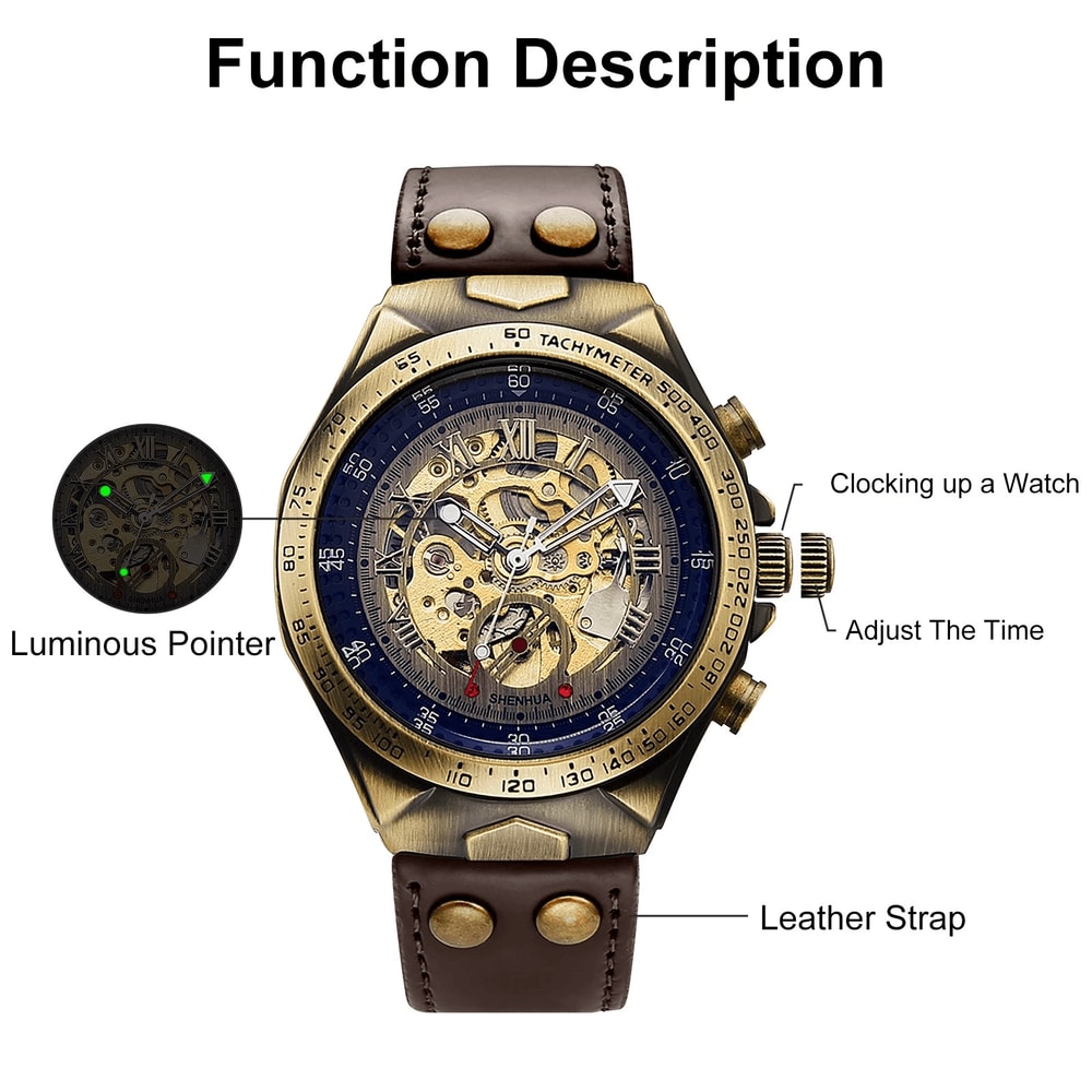 Luxury Mens Automatic Mechanical Watch With Roman Numerals Leather Strap 4