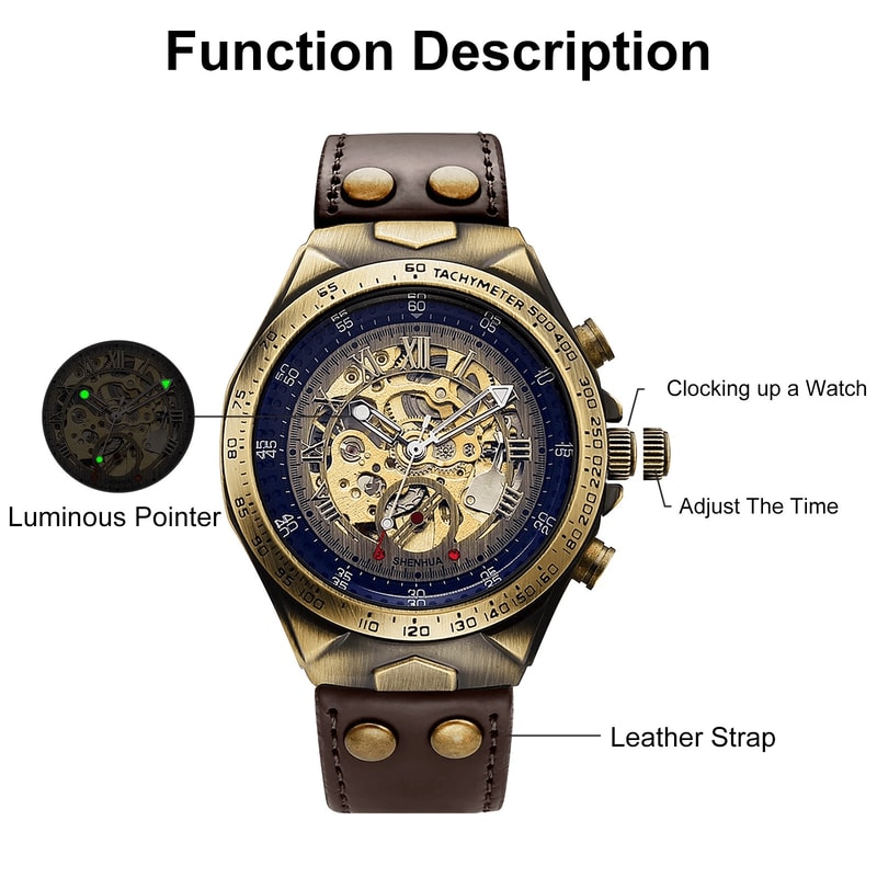 Luxury Mens Automatic Mechanical Watch With Roman Numerals Leather Strap 4