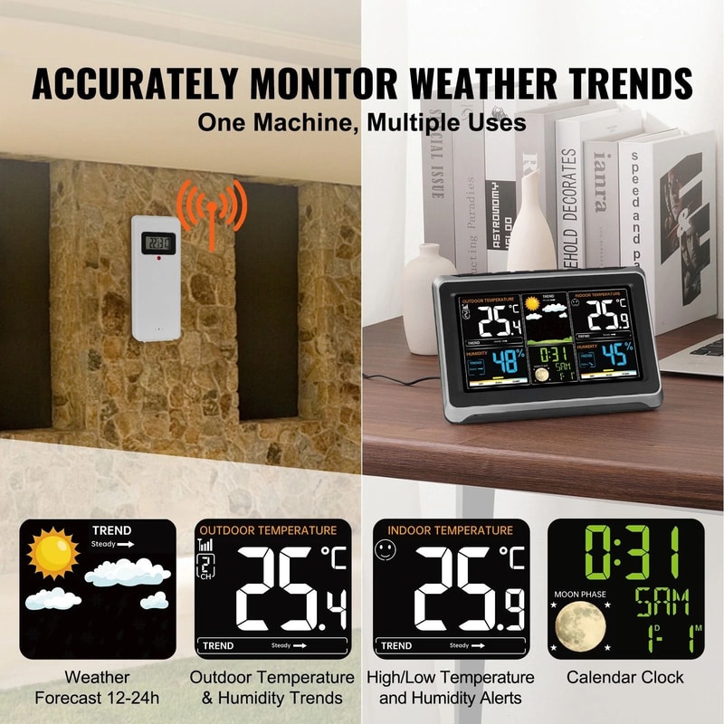 Wireless Weather Station With Sensor Atomic Clock Indoor Outdoor Thermometer 10