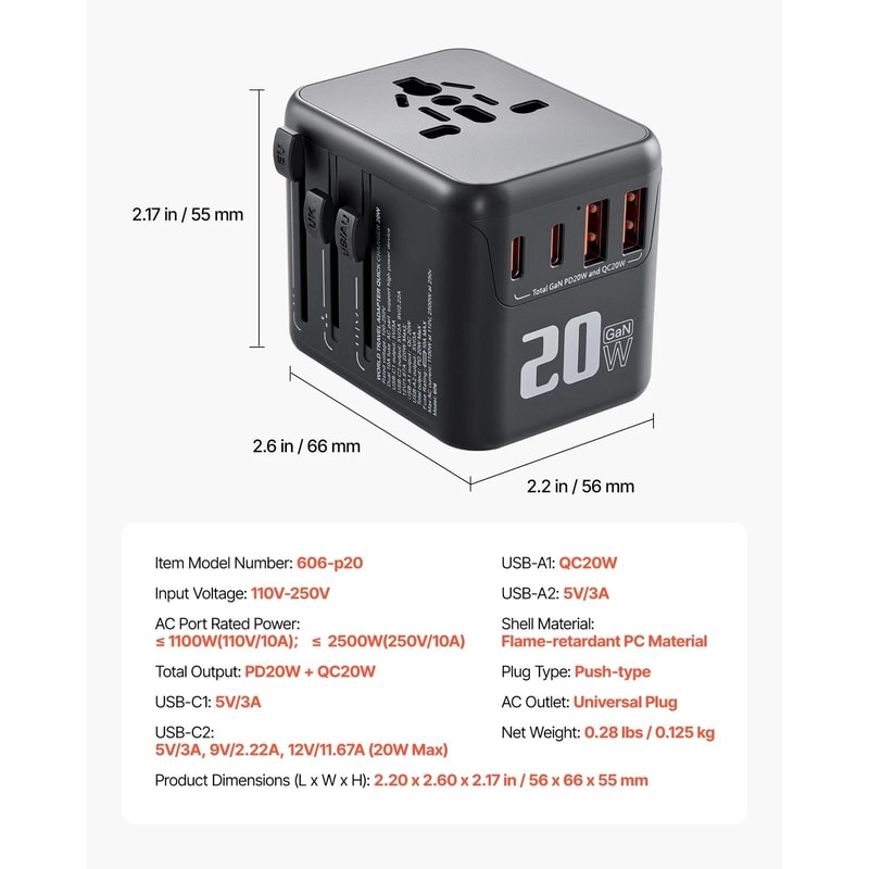 Universal Travel Adapter With USB C International Travel Plug Adapter 6