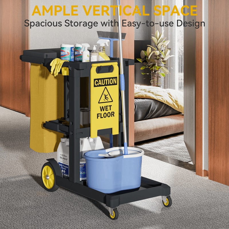 Commercial Janitorial Cart With Bag 3 Shelf Cleaning Cart On Wheels 1