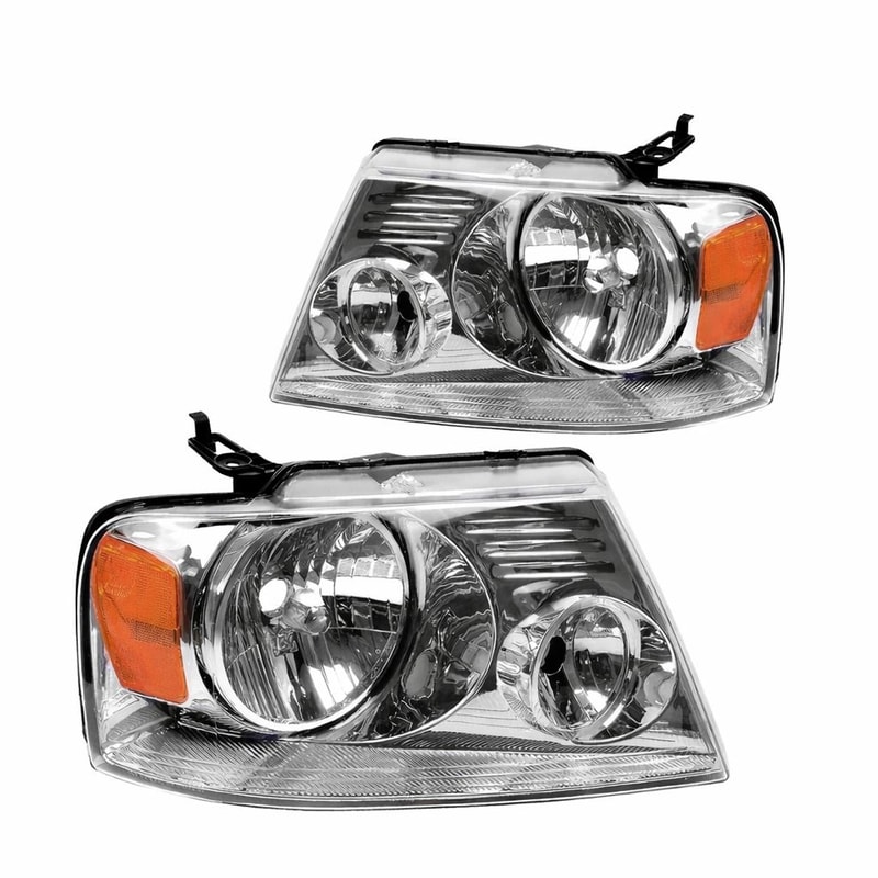 Ford Headlight Assembly Pair Chrome Amber Halogen Replacement 0