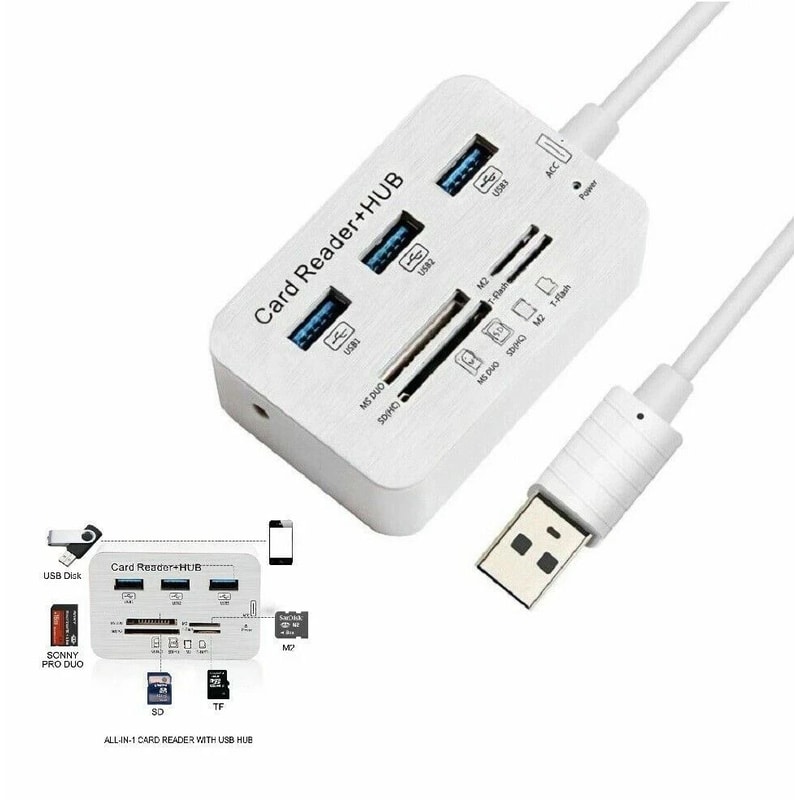 Aluminum 3 Port USB Hub SD Card Reader Multi In 1 Adapter For MS M2 TF Cards 5