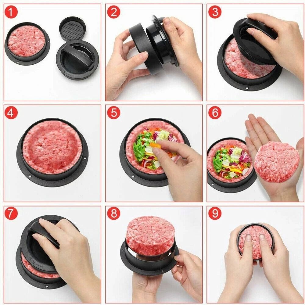 NonStick Stuffed Burger Press 3 In 1 Hamburger Patty Molds BBQ Sliders Maker 6