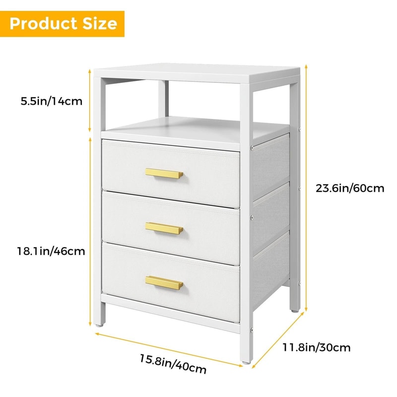 Nightstand Side Table With 3 Fabric Drawers Stylish Storage Solution For Bedroom Living Room White 1