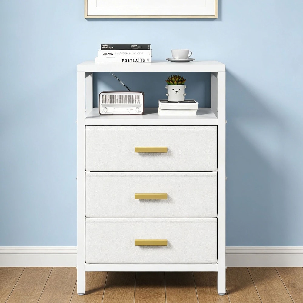 Nightstand Side Table With 3 Fabric Drawers Stylish Storage Solution For Bedroom Living Room White 12