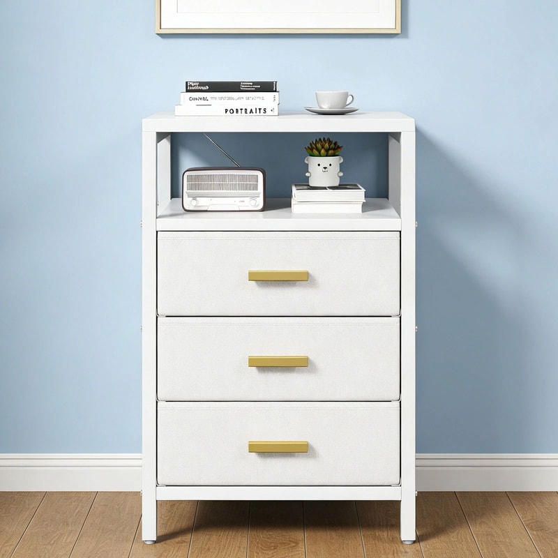 Nightstand Side Table With 3 Fabric Drawers Stylish Storage Solution For Bedroom Living Room White 12