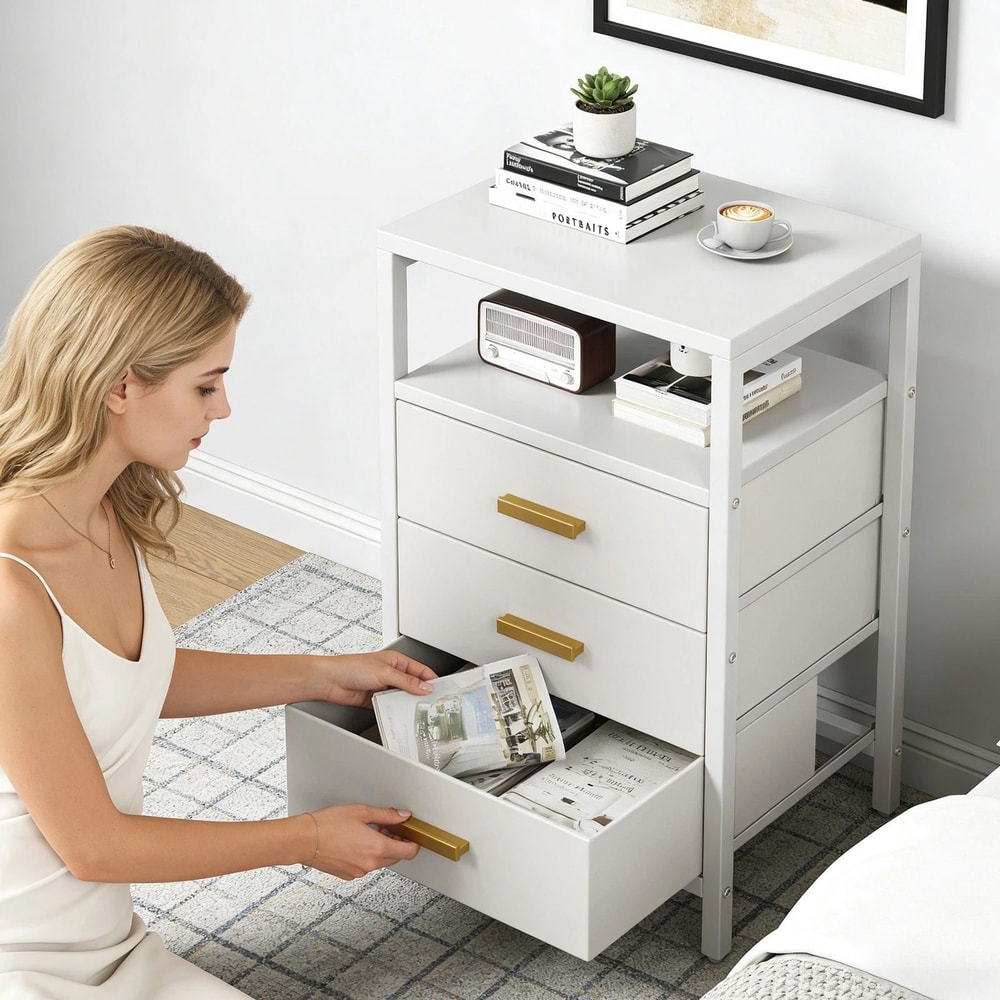 Nightstand Side Table With 3 Fabric Drawers Stylish Storage Solution For Bedroom Living Room White 14