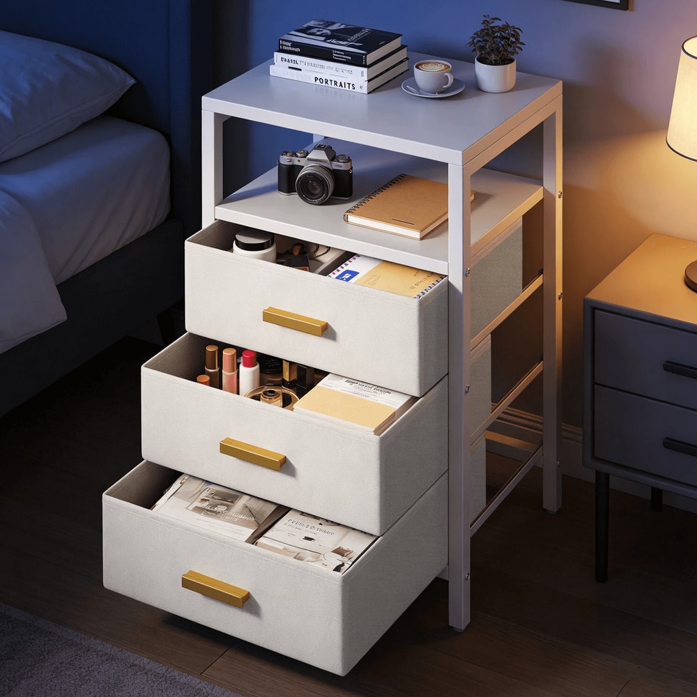 Nightstand Side Table With 3 Fabric Drawers Stylish Storage Solution For Bedroom Living Room White 16