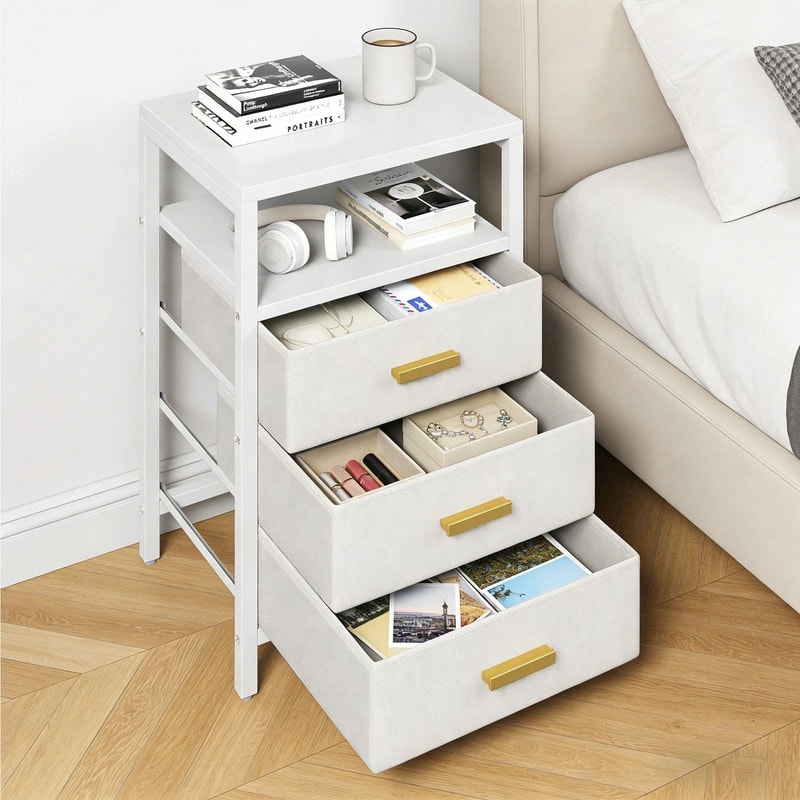 Nightstand Side Table With 3 Fabric Drawers Stylish Storage Solution For Bedroom Living Room White 17