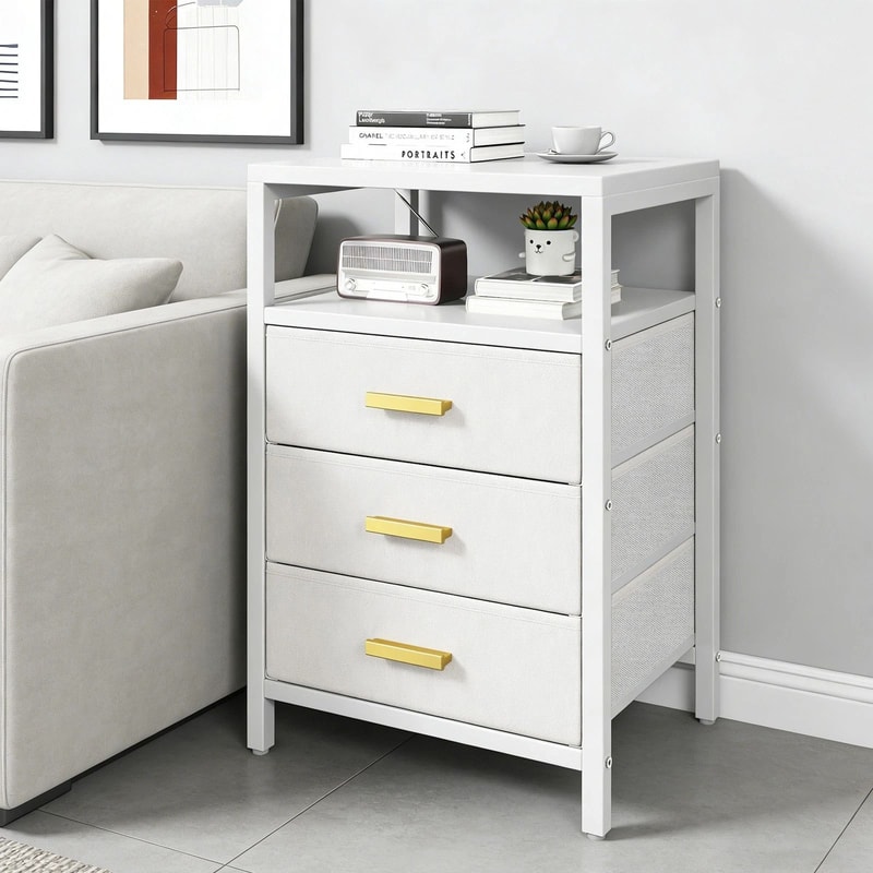Nightstand Side Table With 3 Fabric Drawers Stylish Storage Solution For Bedroom Living Room White 18