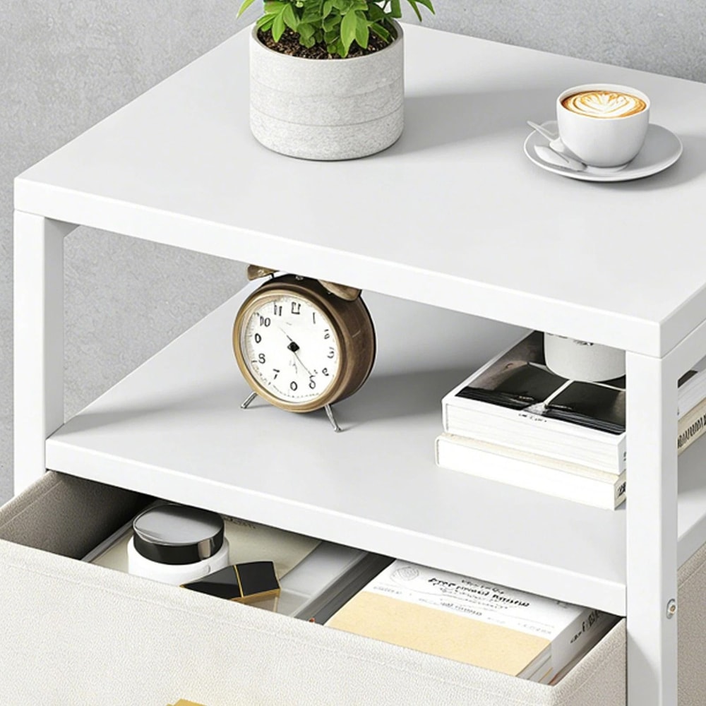 Nightstand Side Table With 3 Fabric Drawers Stylish Storage Solution For Bedroom Living Room White 9