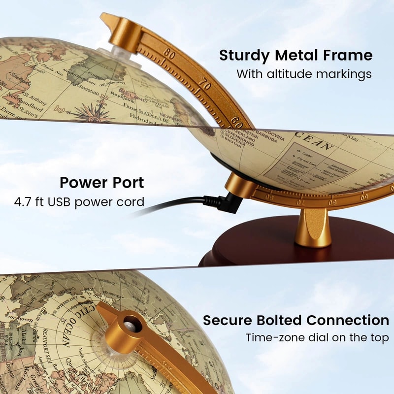Illuminated World Globe Lamp With Antique Wooden Stand HD Map USB Powered 5