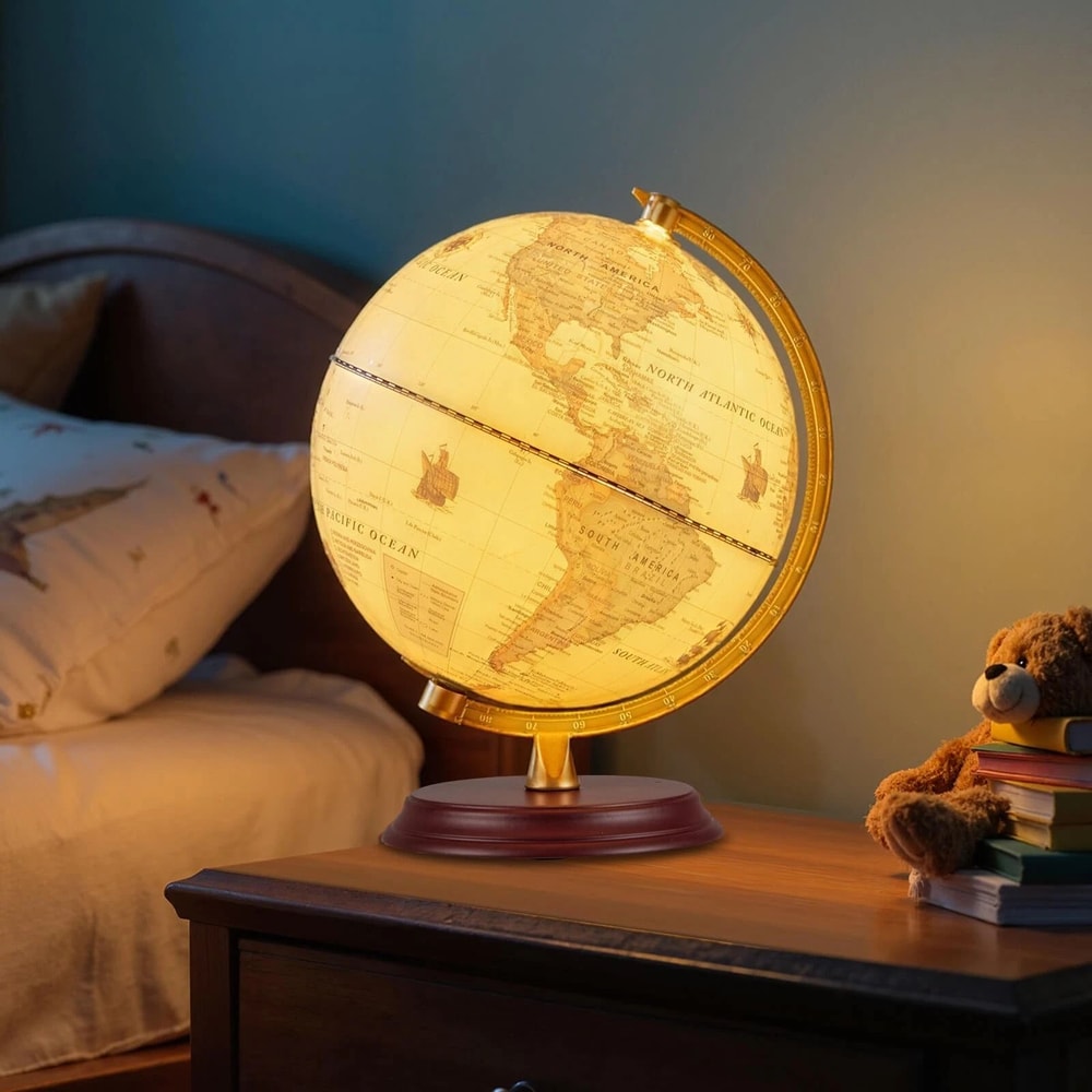Illuminated World Globe Lamp With Antique Wooden Stand HD Map USB Powered 7