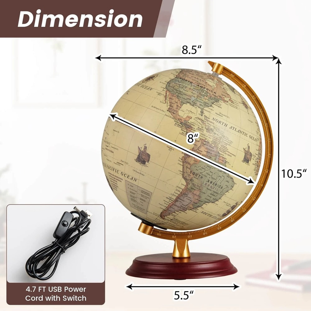 Illuminated World Globe Lamp With Antique Wooden Stand HD Map USB Powered 8