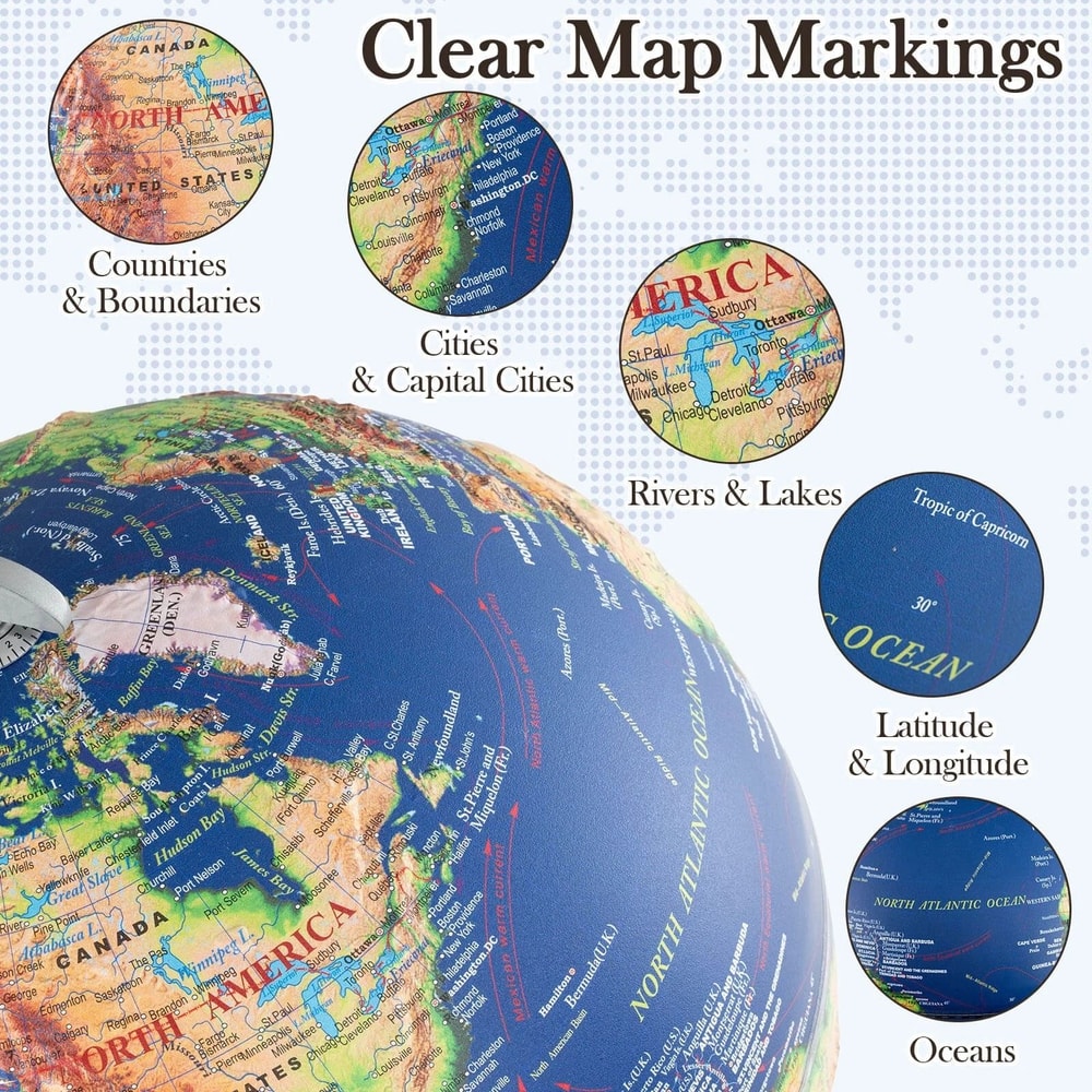 Illuminated World Globe With Raised Relief LED Lights Time Zone Non Slip Base 5