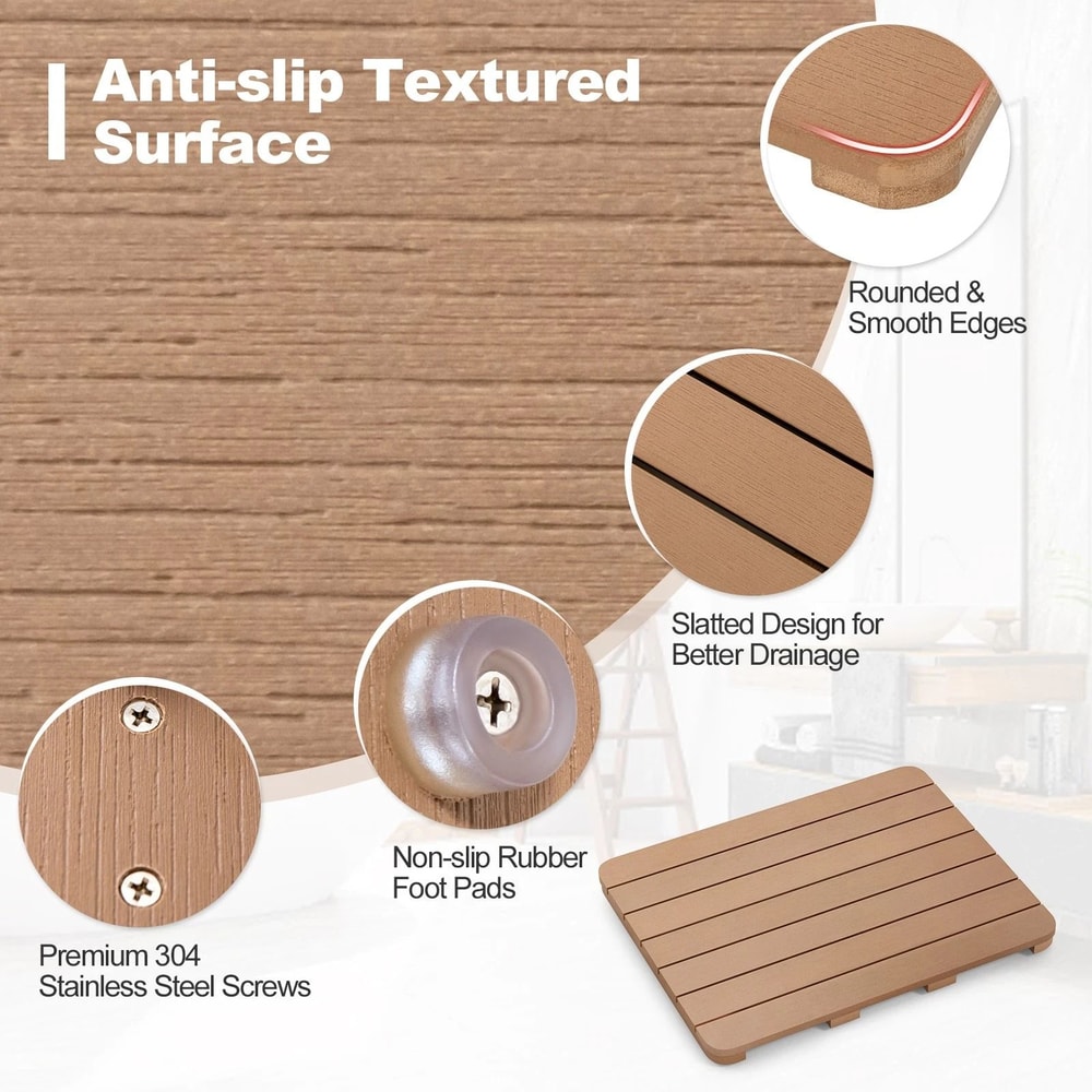 Waterproof Non Slip Slatted Bath Mat Easy To Clean Stylish Brown Shower Mat 1