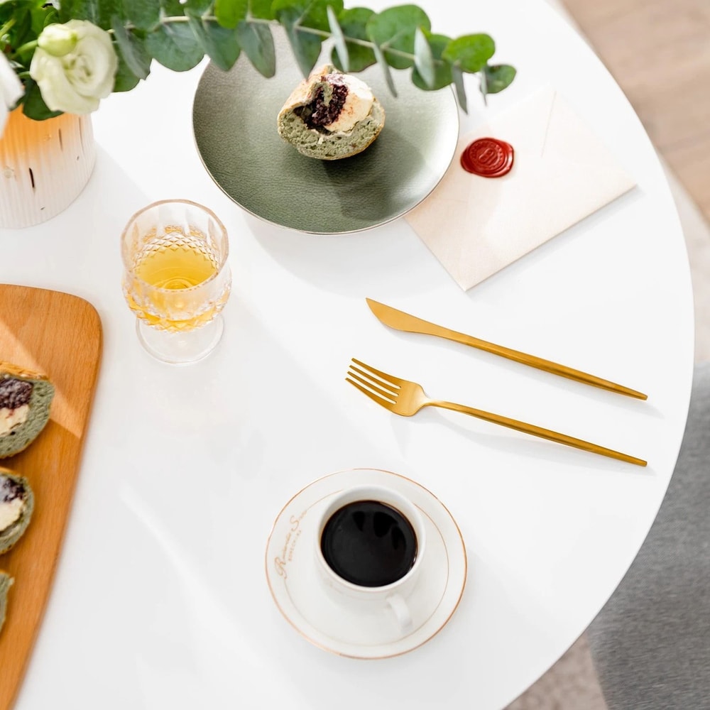 Modern Tulip Dining Table With White MDF Top Metal Pedestal Base 1