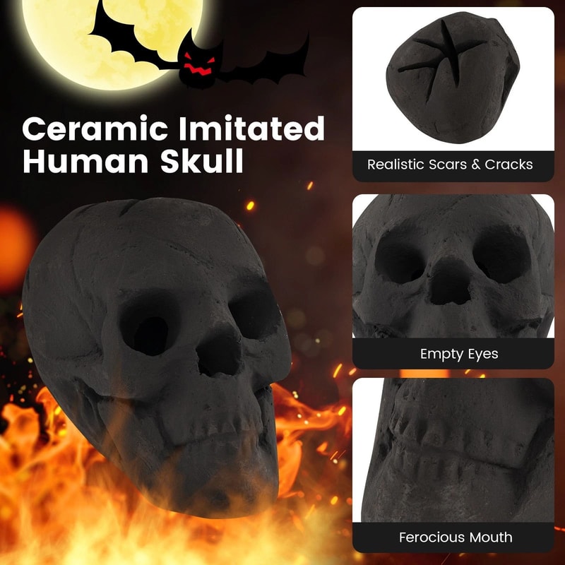 Ceramic Fireproof Fire Pit Skull Reusable Black Gas Fire Pit Accessory 6