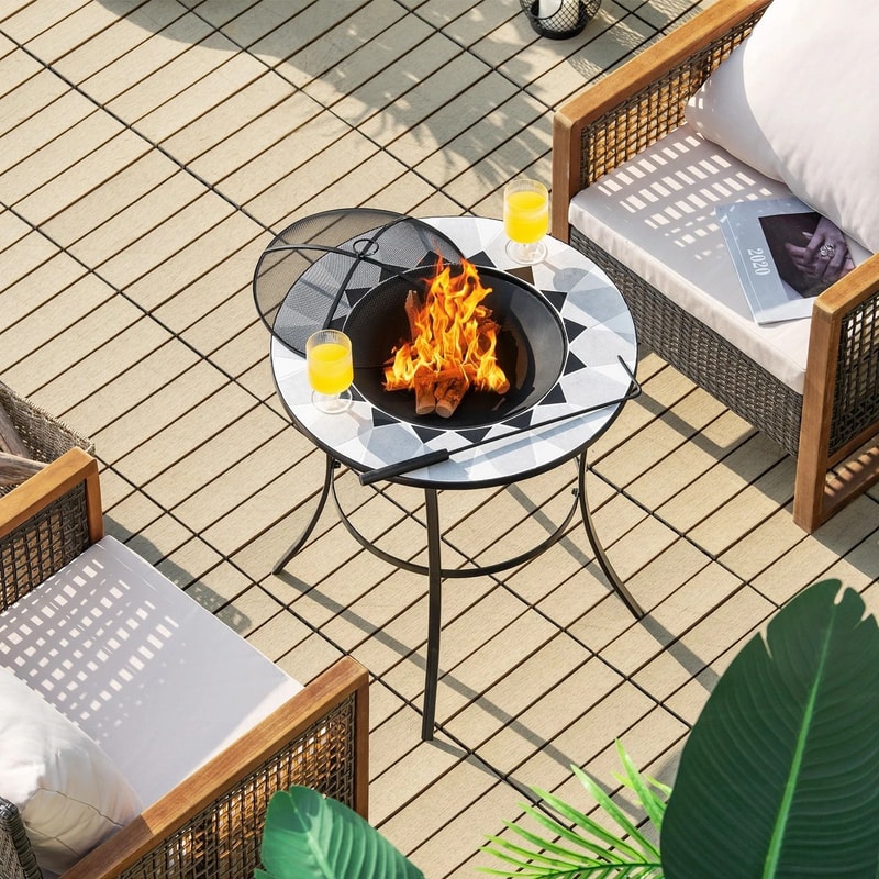 Round Outdoor Fire Pit Table Wood Burning Heater With Mesh Cover Fire Poker 3
