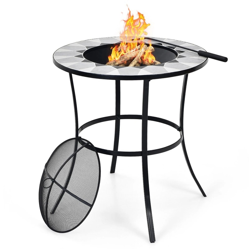 Round Outdoor Fire Pit Table Wood Burning Heater With Mesh Cover Fire Poker 9