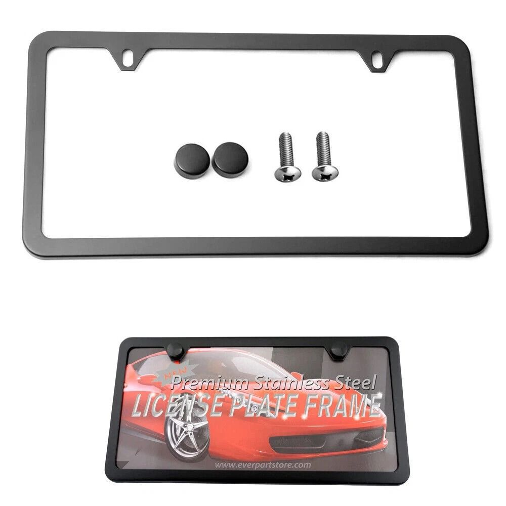Premium Stainless Steel License Plate Frame With Screw Caps Thin 2 Hole Design Sleek Black 8