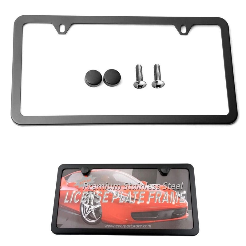 Premium Stainless Steel License Plate Frame With Screw Caps Thin 2 Hole Design Sleek Black 8
