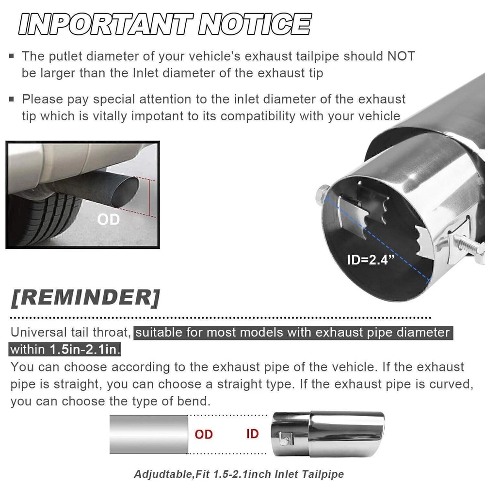 Universal Stainless Steel Exhaust Tip Chrome Rear Clamp On Exhaust Tip For Straight Tailpipes 15
