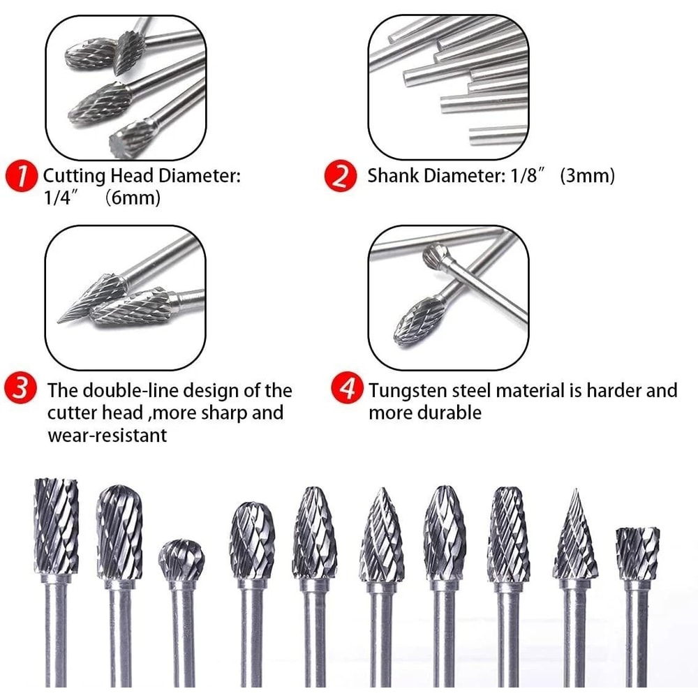 Tungsten Carbide Burr Set Shank Double Cut Rotary Bits For Dremel 9
