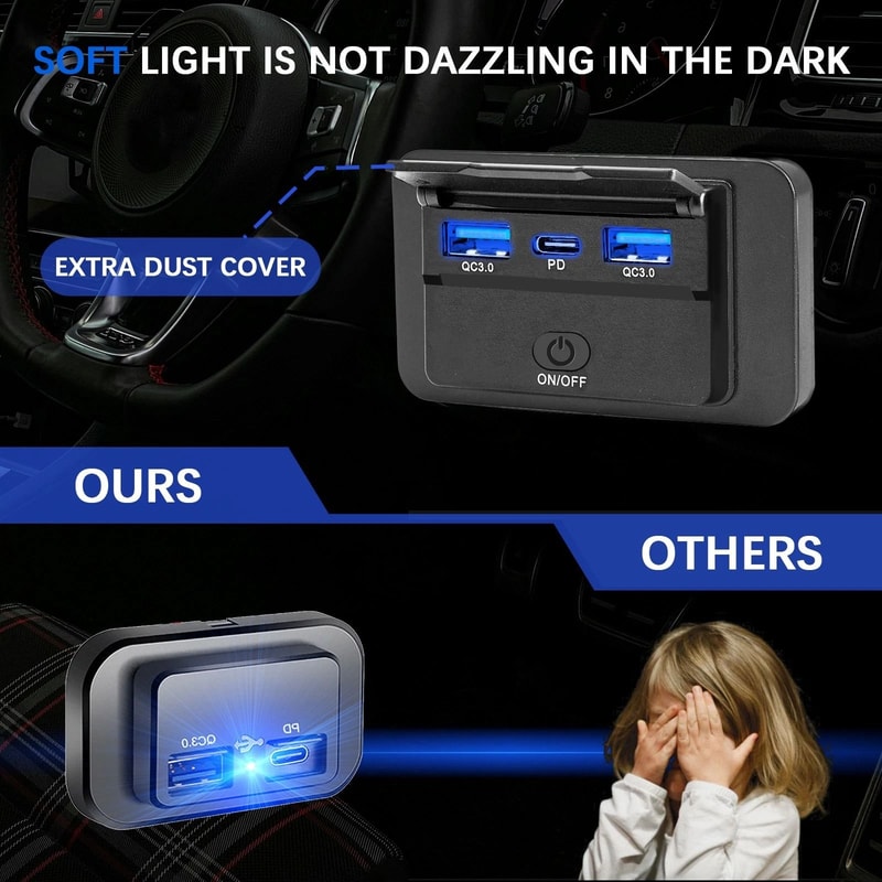 Dual USB Car Fast Charger With PD Ports On Off Switch Power Outlet 7