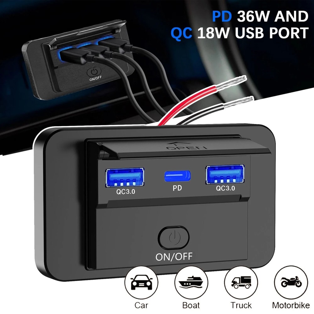 Dual USB Car Fast Charger With PD Ports On Off Switch Power Outlet 10
