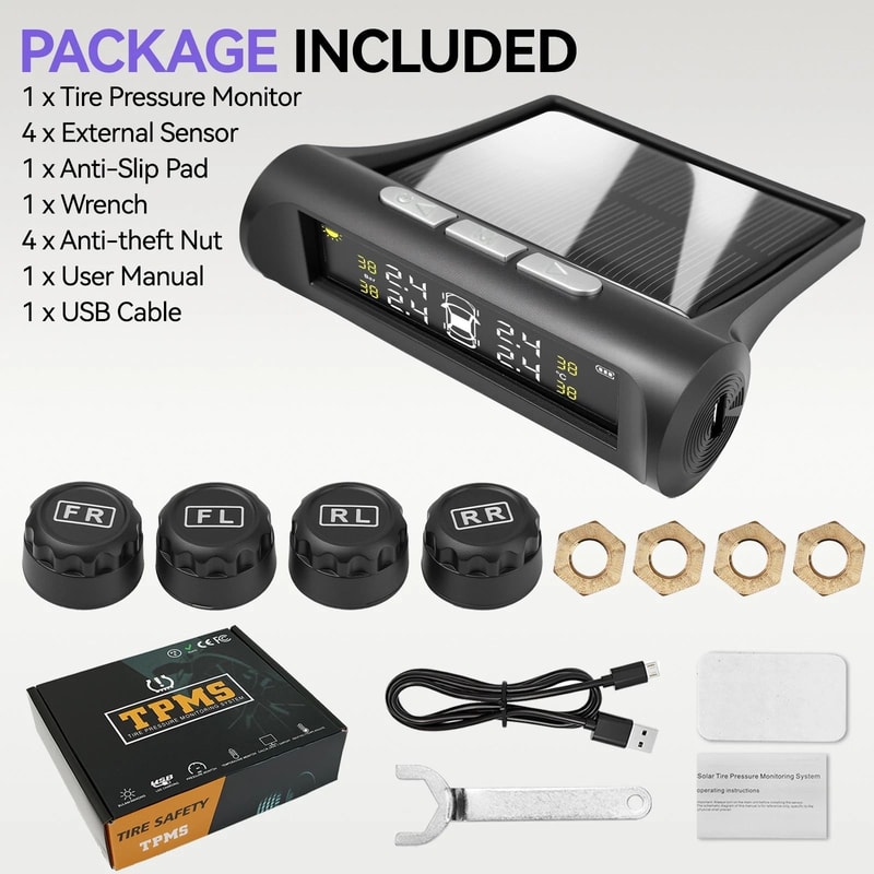 Wireless Car Solar TPMS LCD Tire Pressure Monitoring System With 4 External Sensors 1