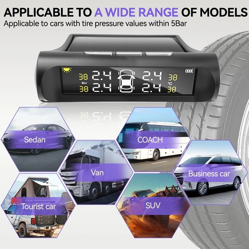 Wireless Car Solar TPMS LCD Tire Pressure Monitoring System With 4 External Sensors 2