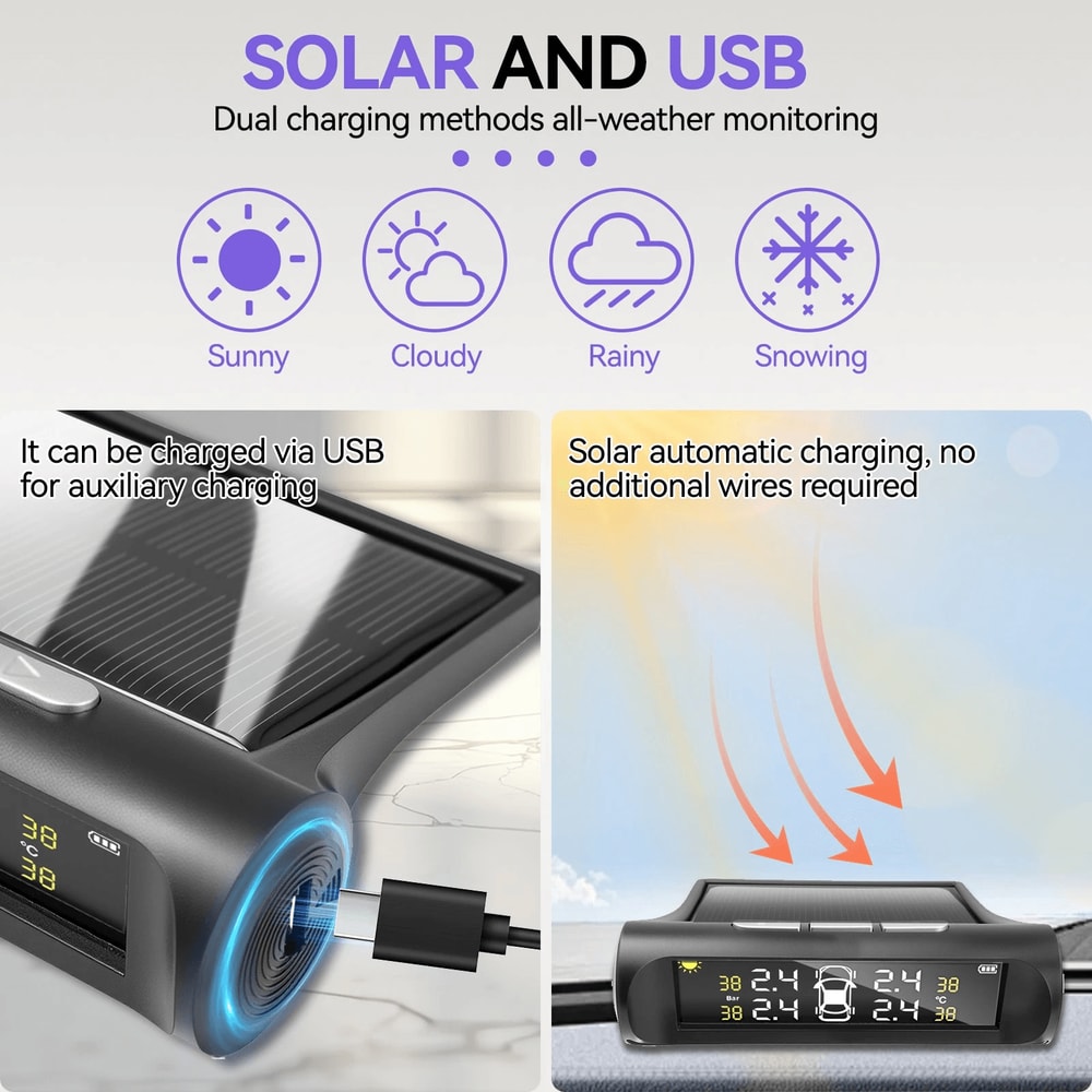 Wireless Car Solar TPMS LCD Tire Pressure Monitoring System With 4 External Sensors 9