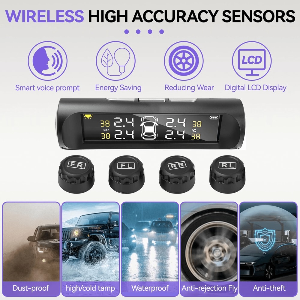 Wireless Car Solar TPMS LCD Tire Pressure Monitoring System With 4 External Sensors 7